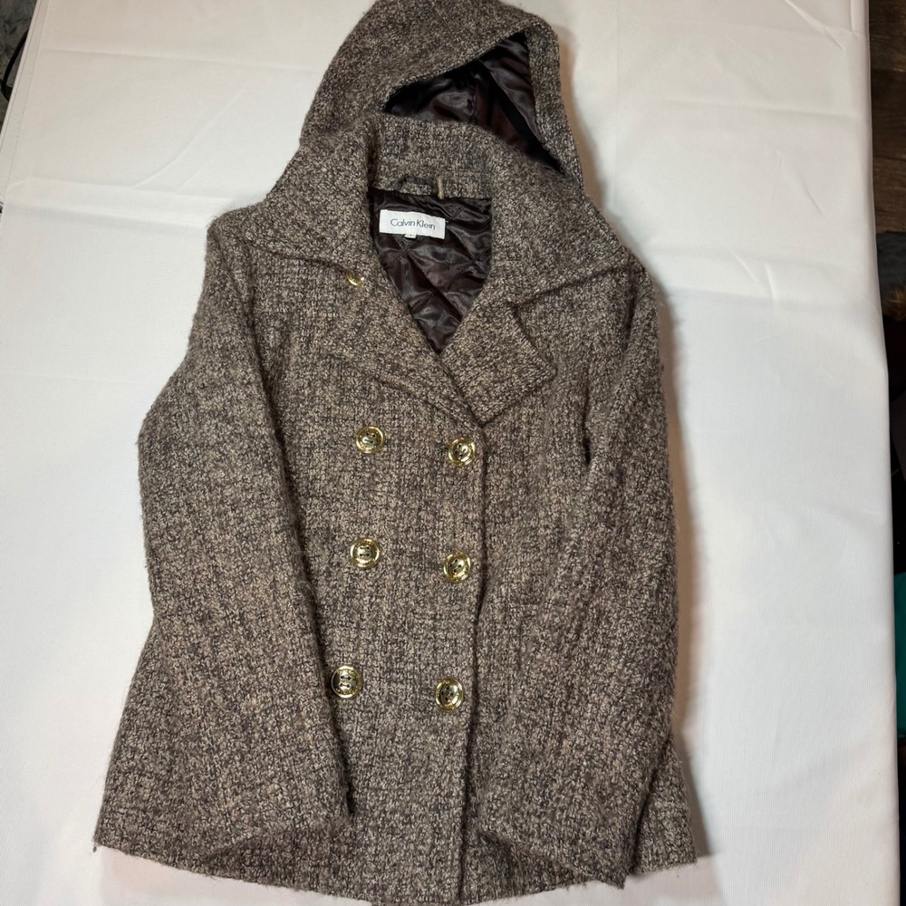 Preppy Academia Quiet Luxury Calvin Klein Pea Coat Sz 6 Brown Wool Blend Tweed